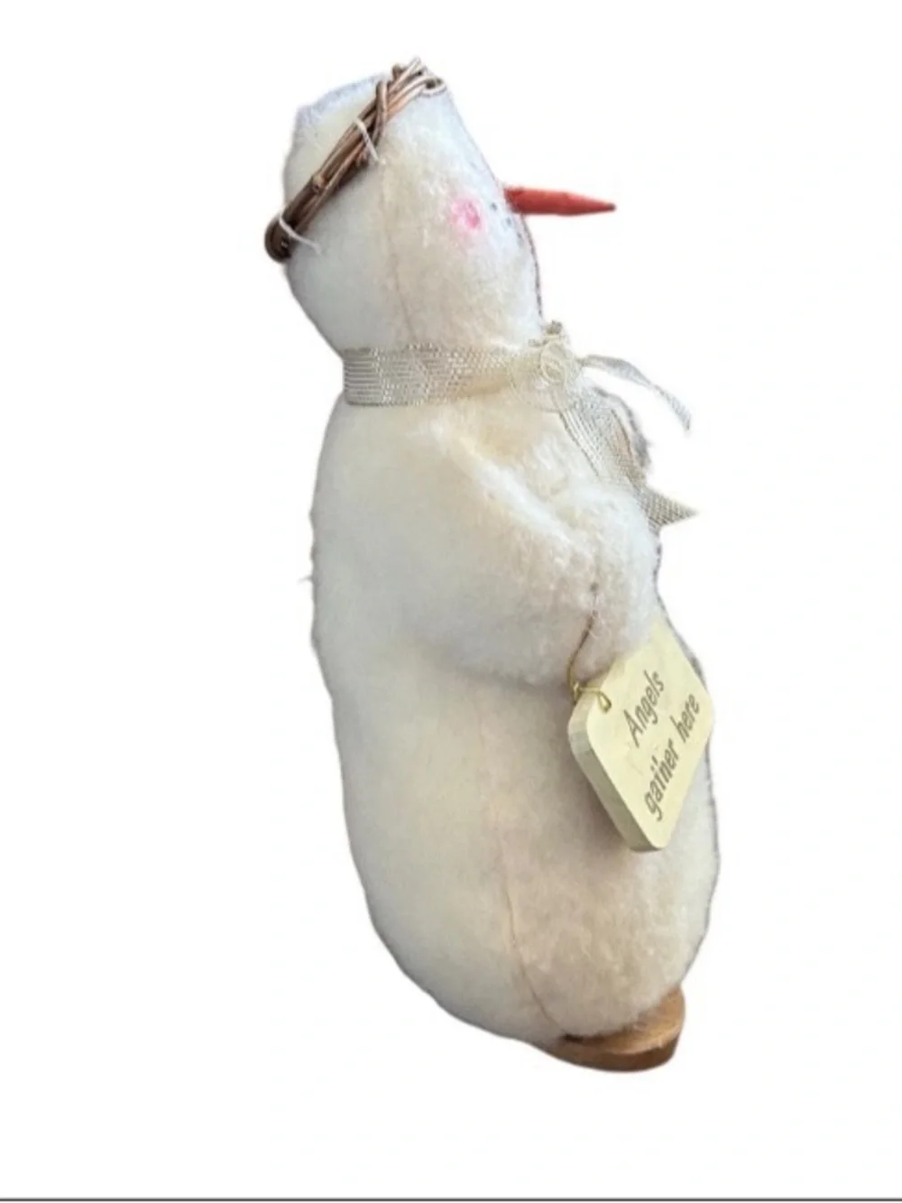 Standing Plush Snowman 13” Wood Base “Angels Gather Here” Vintage Home Decor